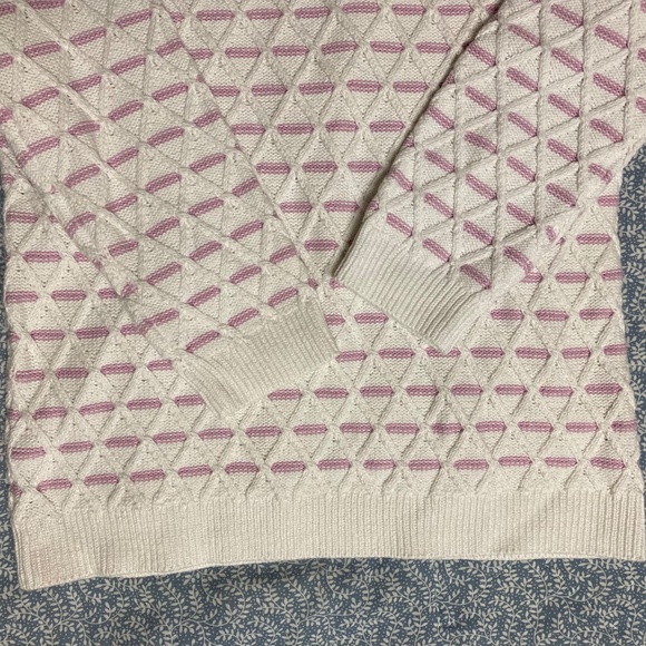 Talbots White Cable Knit Crew Neck Sweater with Pastel Pink Stripes Small Petite - Picture 5 of 11